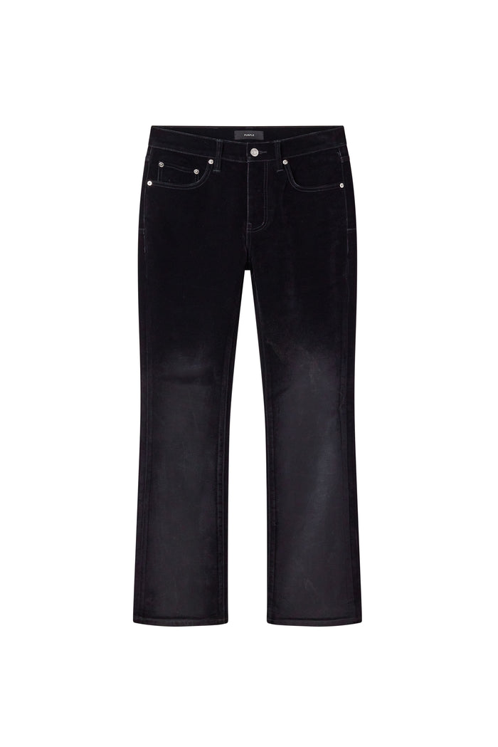 Flocked black flared denim jeans from the P004 Flock Dipped collection, low rise style.