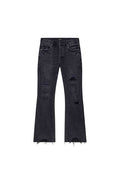 Vintage Heavy Destroy Denim in Black, Low Rise Slim Fit with Flared Leg and Sharkbite Hem.