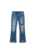 Vintage Heavy Destroy Denim, Low Rise Slim Fit with Flared Leg, Size 28, Sharkbite Hem.