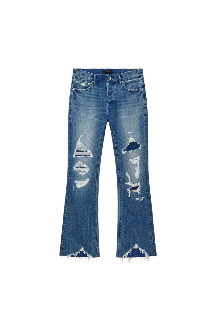 Vintage Heavy Destroy Denim, Low Rise Slim Fit with Flared Leg, Size 28, Sharkbite Hem.