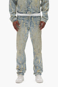 P005 Bead Splatter Destroy premium stretch denim with heavy abrasions and beaded embroidery.