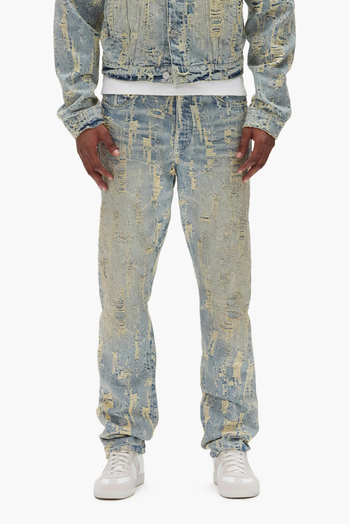 P005 Bead Splatter Destroy premium stretch denim with heavy abrasions and beaded embroidery.