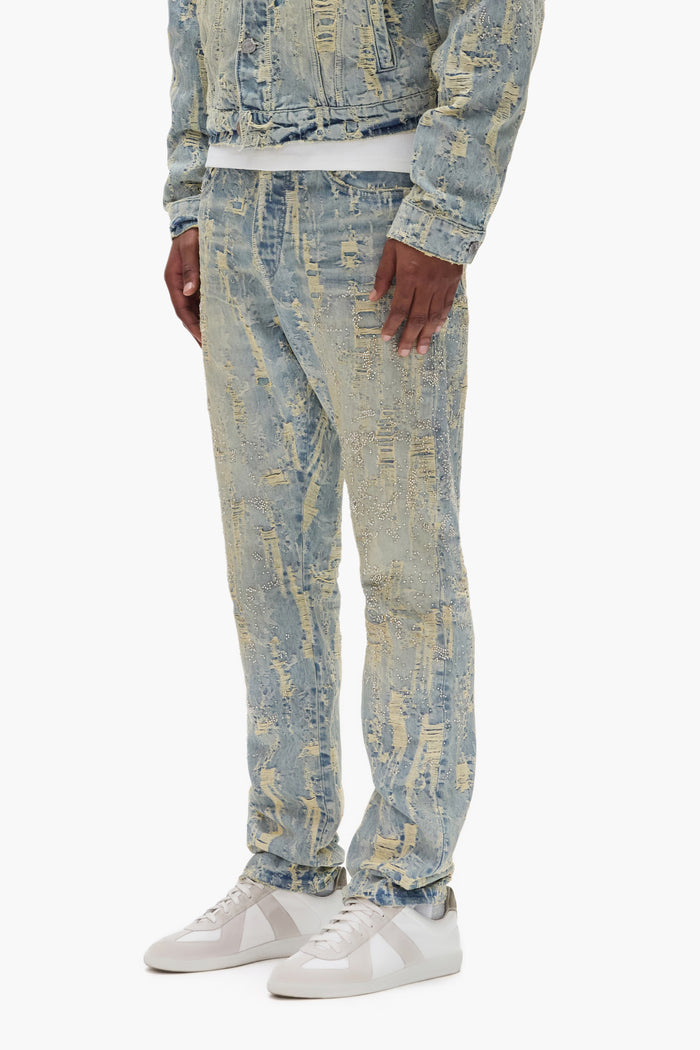 Bead Splatter Destroy denim with heavy abrasions and beaded embroidery, available in various sizes.
