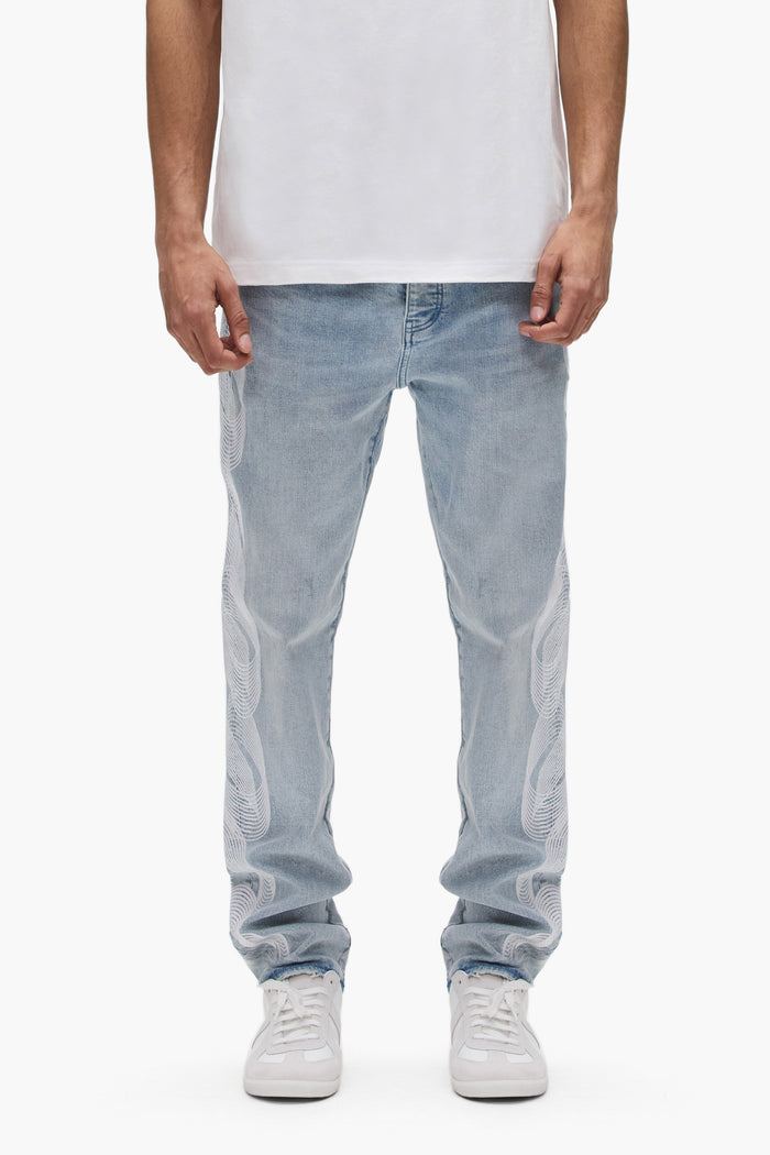 P005 Embroidered Logo slim straight denim with embroidered purple logo and signature hangtag.