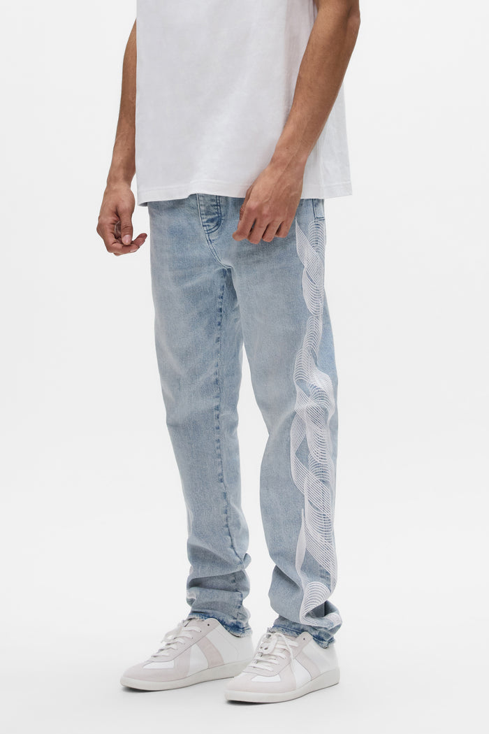 Slim Straight Denim P005 with Embroidered Purple Logo and 5 Pocket Styling.