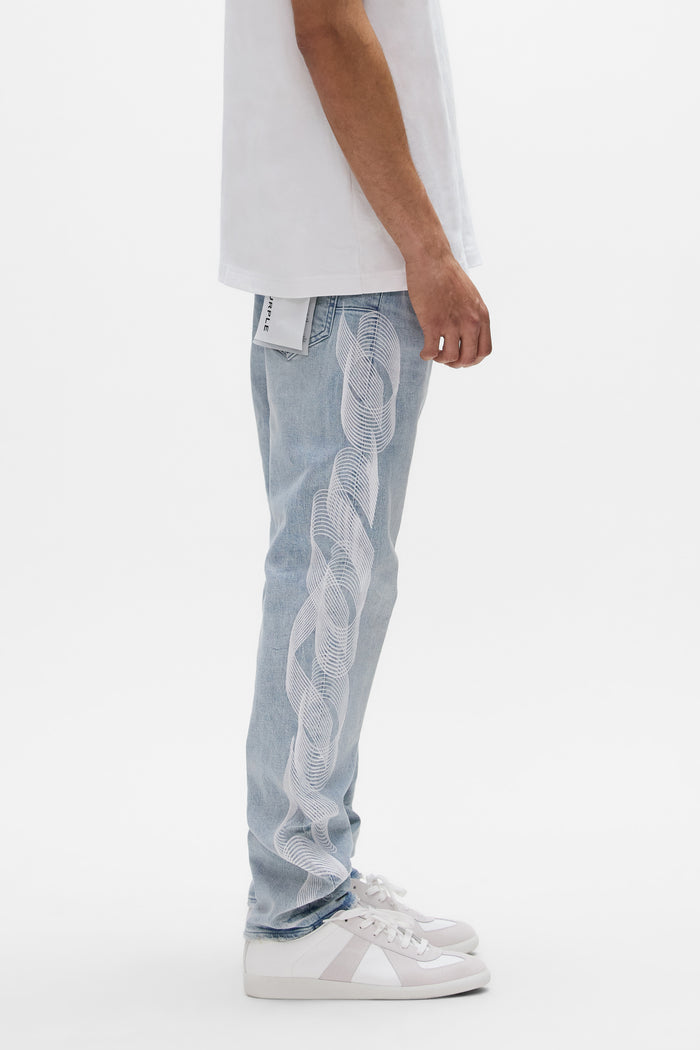 Embroidered Logo Denim Slim Straight Jeans with Purple Logo, sizes 28 to 42.
