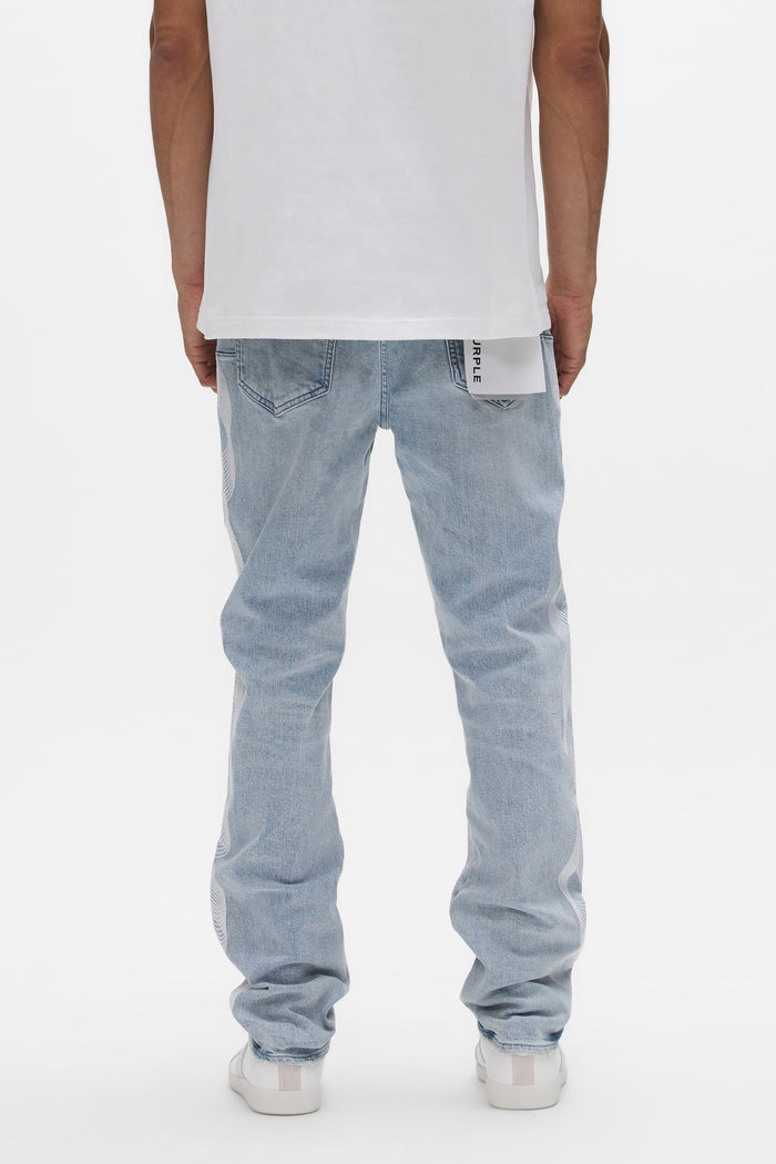 Slim straight denim with embroidered purple logo, available in various sizes from 28 to 42.