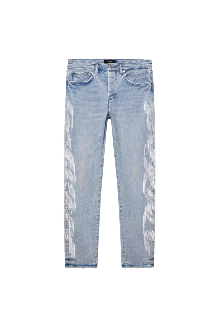 Embroidered Logo Slim Straight Denim in Light Indigo with Purple logo details