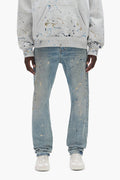 Slim Straight Denim P005 Sequin Splatter with paint embroidery, available in various sizes.