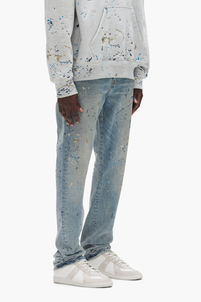 Sequin Splatter premium stretch denim, slim straight fit, mid rise with paint embroidery details.
