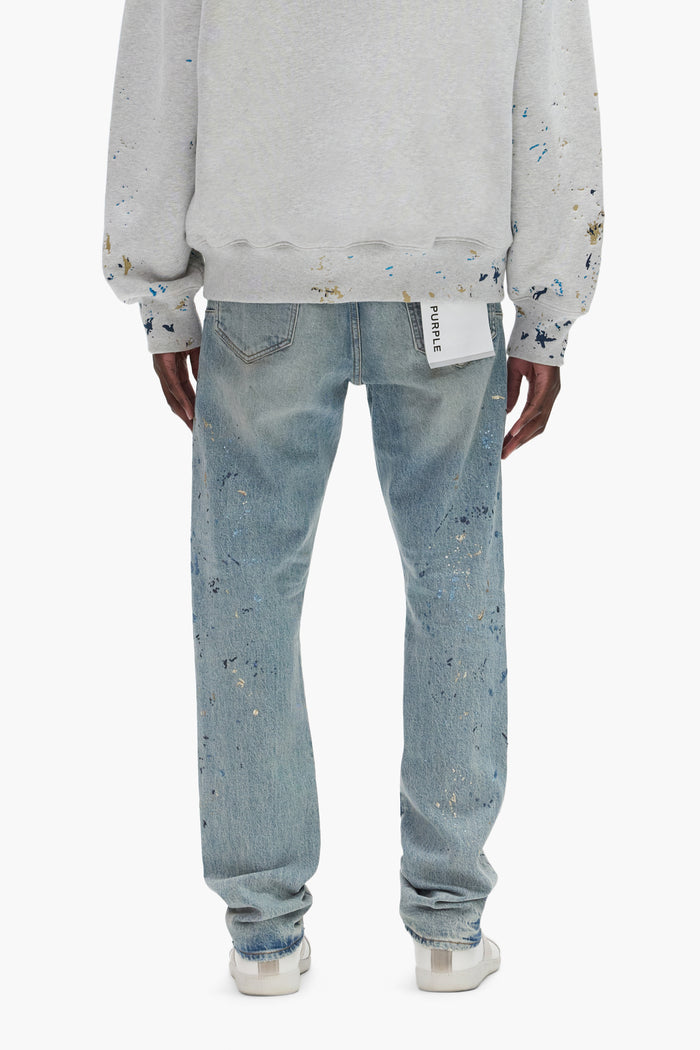 P005 Sequin Splatter slim straight denim with sequin paint embroidery, premium stretch fabric.