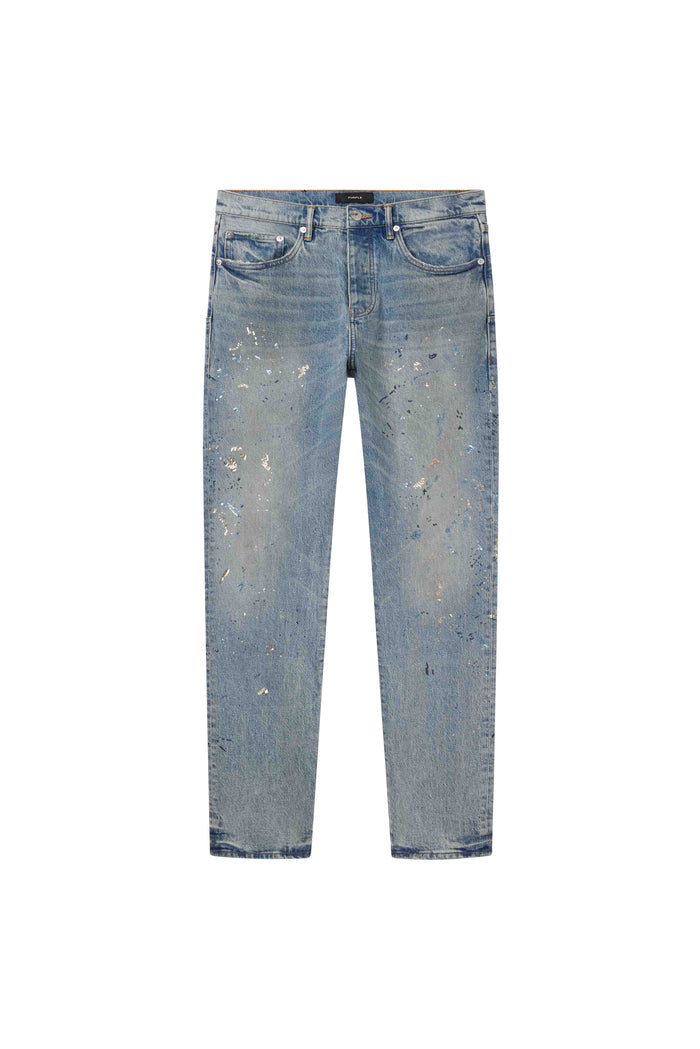 Slim straight light indigo denim with sequin splatter paint embroidery, available in sizes 28-42.