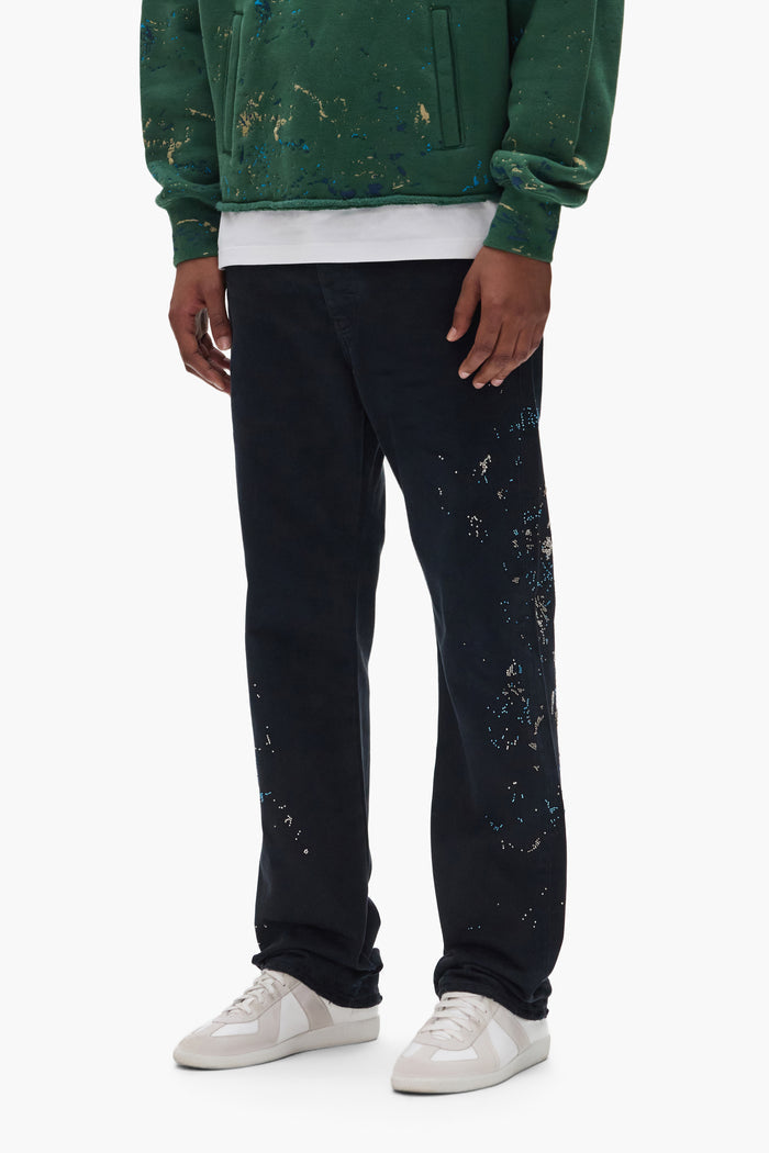 Beaded Splatter denim jeans with straight leg design and 5 pocket styling.