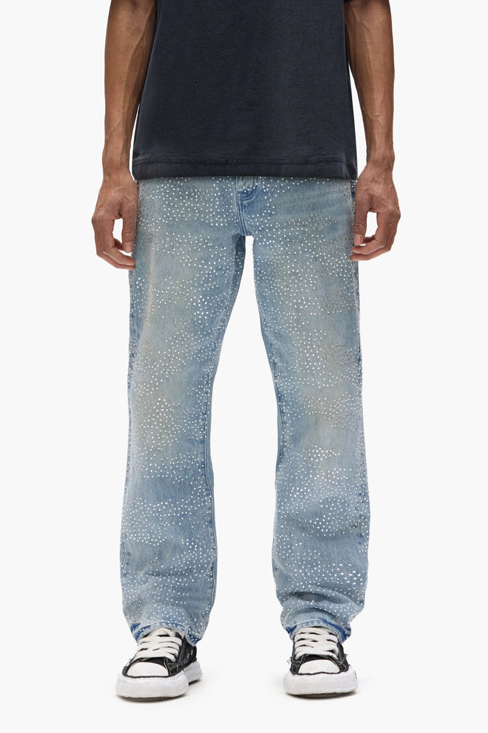 P011 Camo Crystal mid-rise men's jeans in light indigo with camo pattern and hotfix crystals.