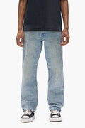 P011 Camo Crystal mid-rise men's jeans in light indigo with camo pattern and hotfix crystals.