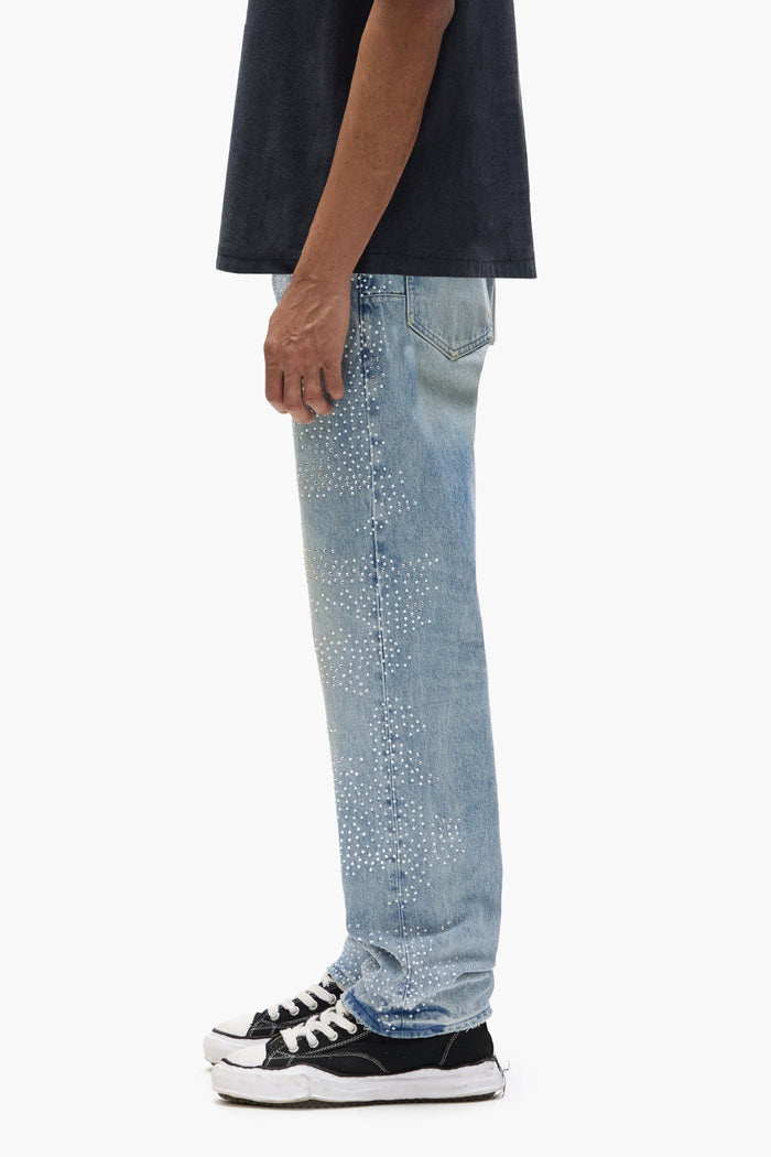 P011 Camo Crystal mid-rise men's denim jeans with camo pattern and hotfix crystals