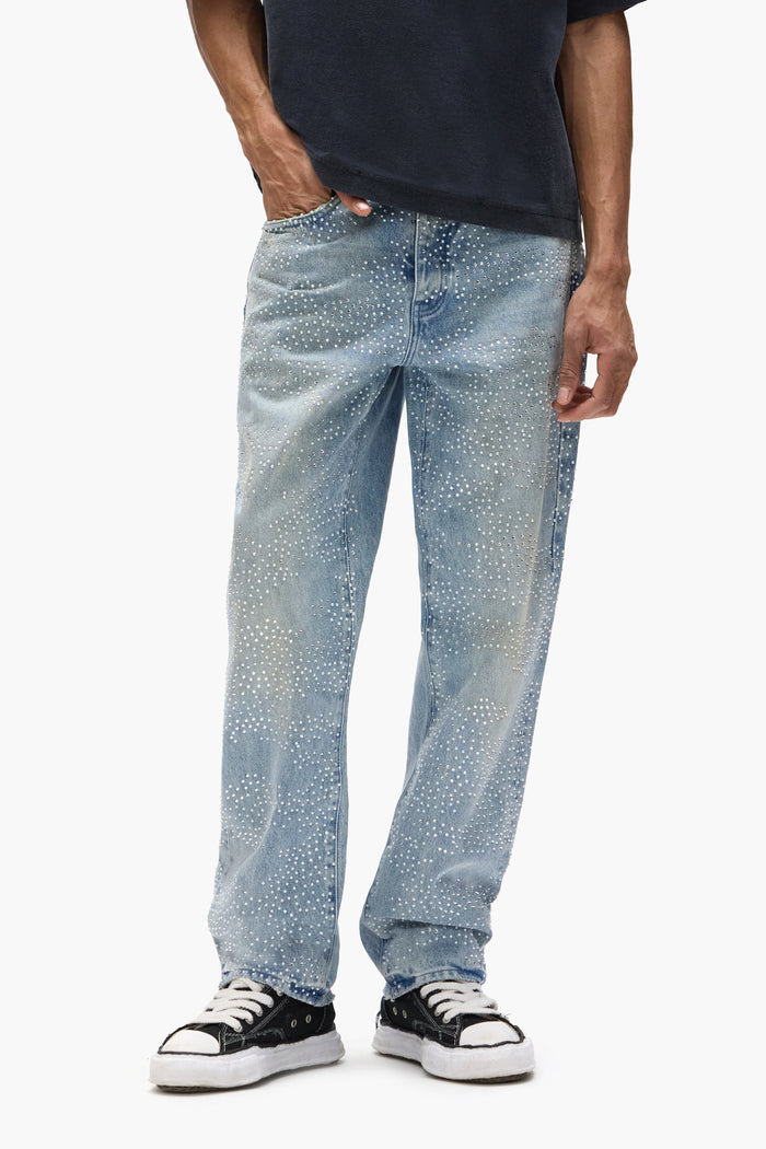P011 Camo Crystal mid-rise men's jean in light indigo with camo hotfix crystals