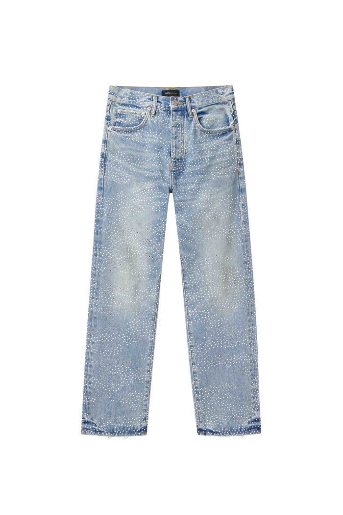 Mid-rise men's denim jeans P011 with camo pattern and hotfix crystals, available in multiple sizes.