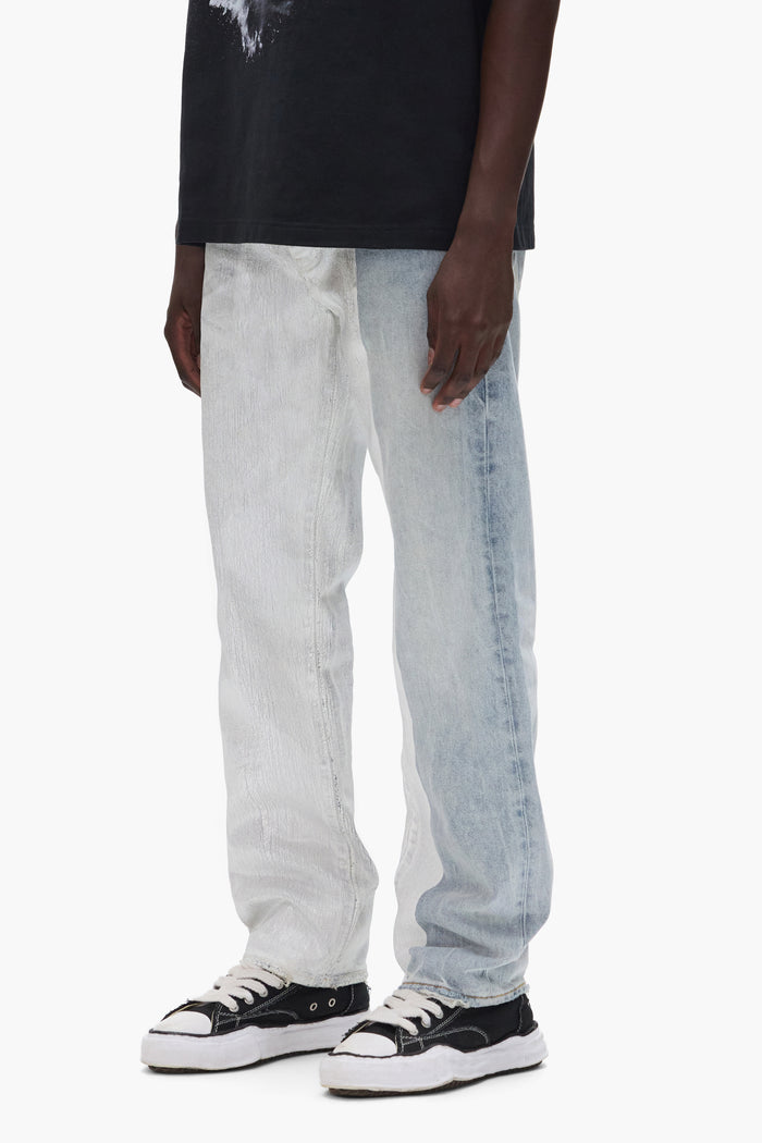 P011 Crackle Silver straight leg denim in silver crackle finish, available in sizes 28-40.