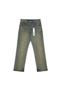P011 Dirty Oil Repair denim in rust with grey paint splatters, mid rise straight leg design