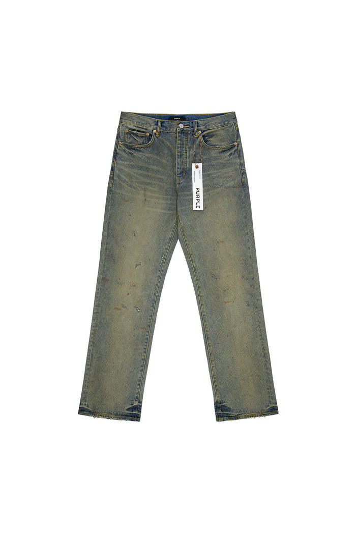 P011 Dirty Oil Repair denim in rust with grey paint splatters, mid rise straight leg design
