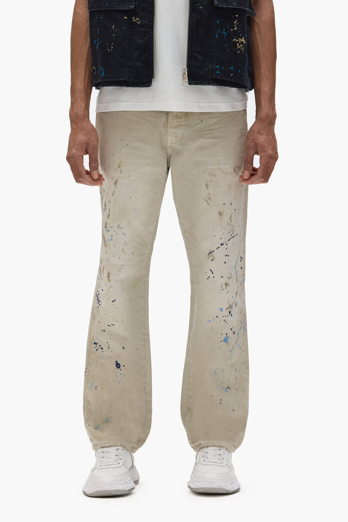 P011 Double Paint Embroidery mid-rise men's jeans with khaki wash and paint-splatter detail