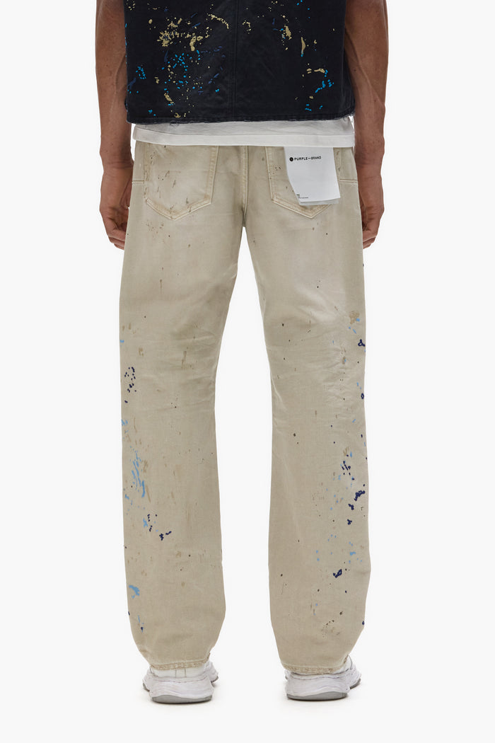 P011 Double Paint Embroidery mid-rise men’s jeans in khaki with paint-splatter design.