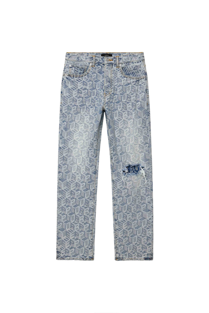 The PURPLE BRAND P011 Jacquard Monogram features light blue straight leg jeans with a jacquard monogram geometric pattern, five-pocket design, and a distressed rip on the right knee, shown against a white background.