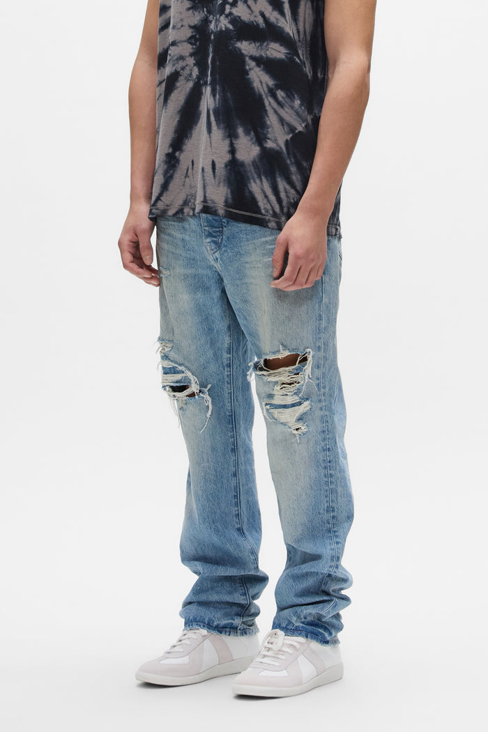 P011 Knee Blowout Denim in Light Indigo with Front Knee Blowouts and Contrast Top Stitching