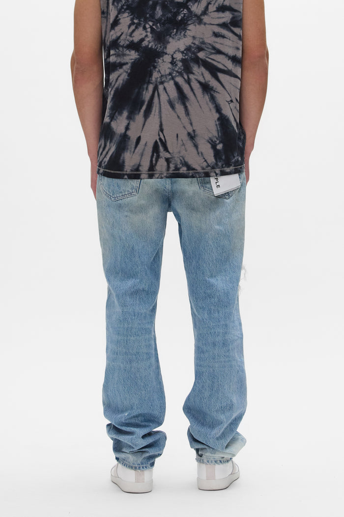 P011 Knee Blowout Denim in light indigo with front knee blowouts and straight leg design.
