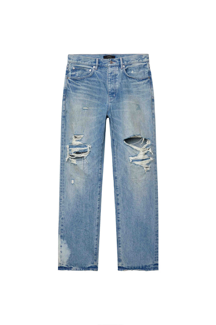 P011 Knee Blowout denim in light indigo with front knee blowouts and straight leg design.