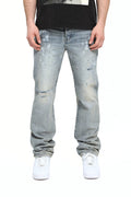 Light Vintage Slash Paint Denim with Knee Slit and Paint Splatters, available in sizes 28-40.