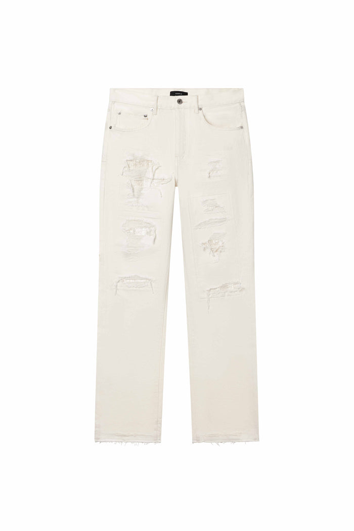 P011 Patch Blowout white premium stretch denim mid rise straight leg with sequin repairs