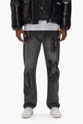 P011 Sequin Logo straight leg denim with purple sequin logo, available in various sizes.