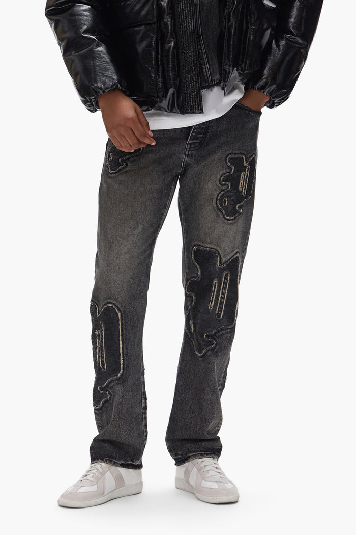P011 Sequin Logo Denim, Purple Logo, Premium Stretch, Straight Leg, Mid Rise, Size 28-40