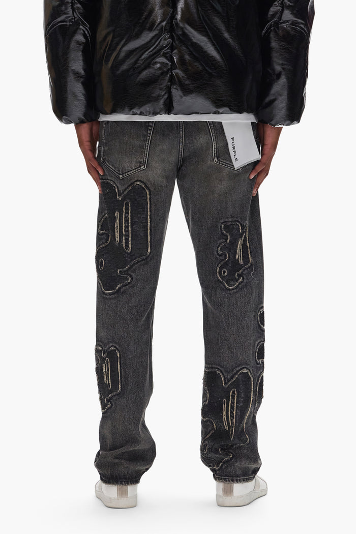 P011 Sequin Logo straight leg mid rise denim with purple logo and sequins, available in various sizes.