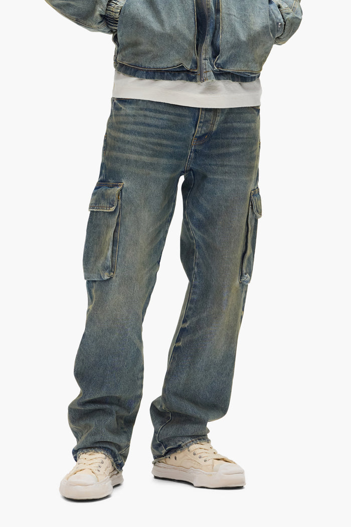 P011 Vintage Cargo straight leg denim with five pocket styling and button fly, premium cotton.