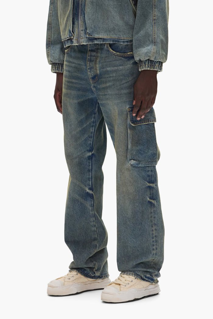 Vintage Cargo denim pants with straight leg and mid rise, featuring 5 pocket styling.