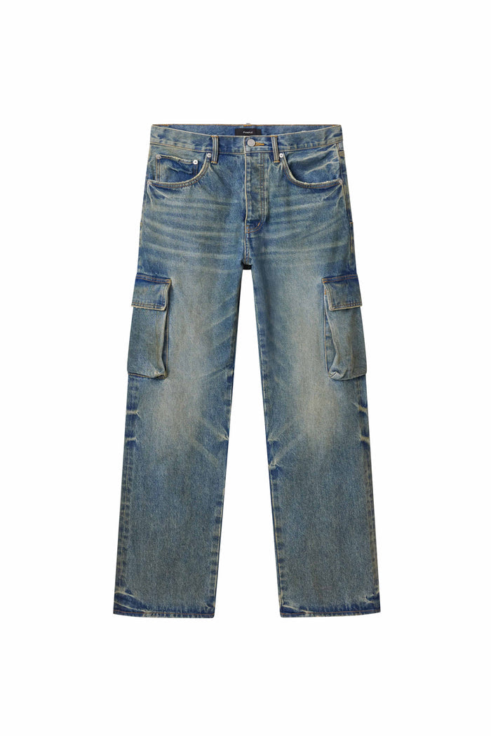 Vintage Cargo Denim in Indigo with straight leg and premium stretch fabric, available in various sizes.