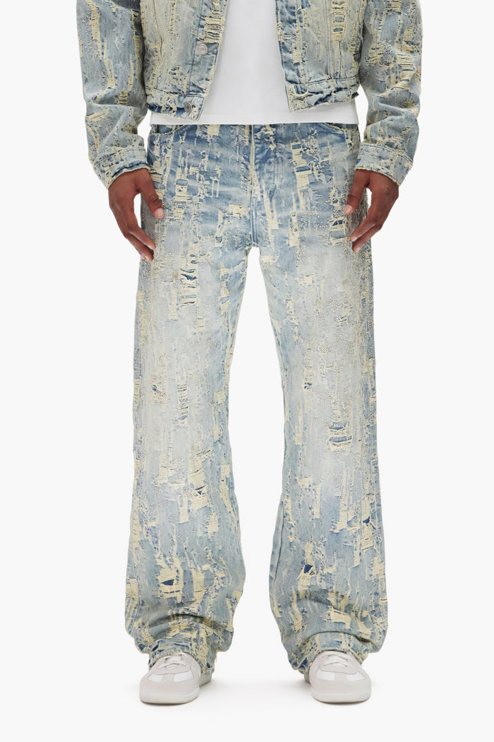 P018 Bead Splatter Destroy denim in baggy fit with beaded embroidery and mid rise.