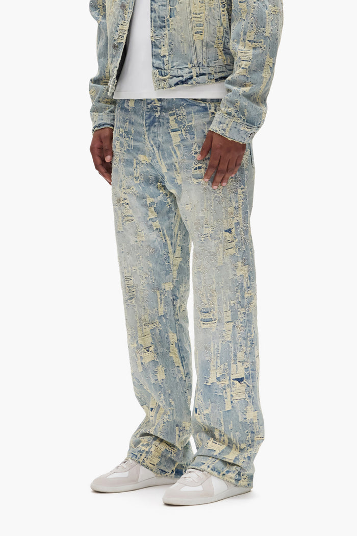P018 Bead Splatter Destroy baggy fit denim with beaded embroidery and mid rise design
