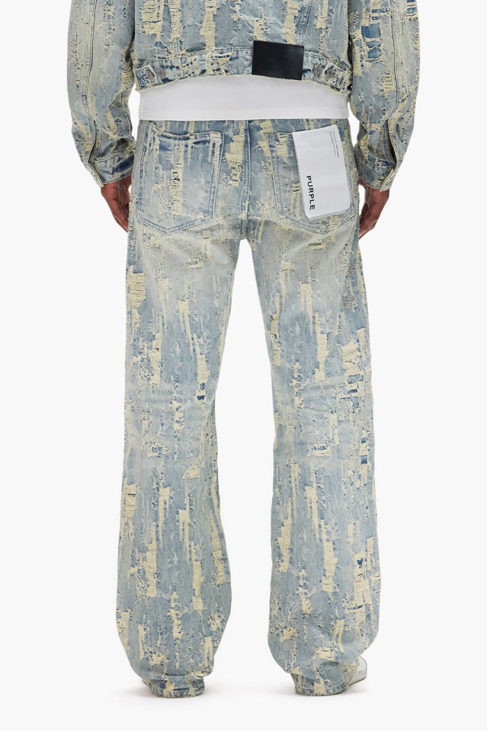 P018 Bead Splatter Destroy denim in baggy fit with unique beaded embroidery and mid rise.