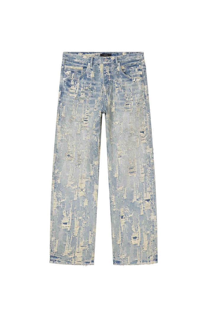 P018 Bead Splatter Destroy denim in light indigo with beaded embroidery and baggy fit.