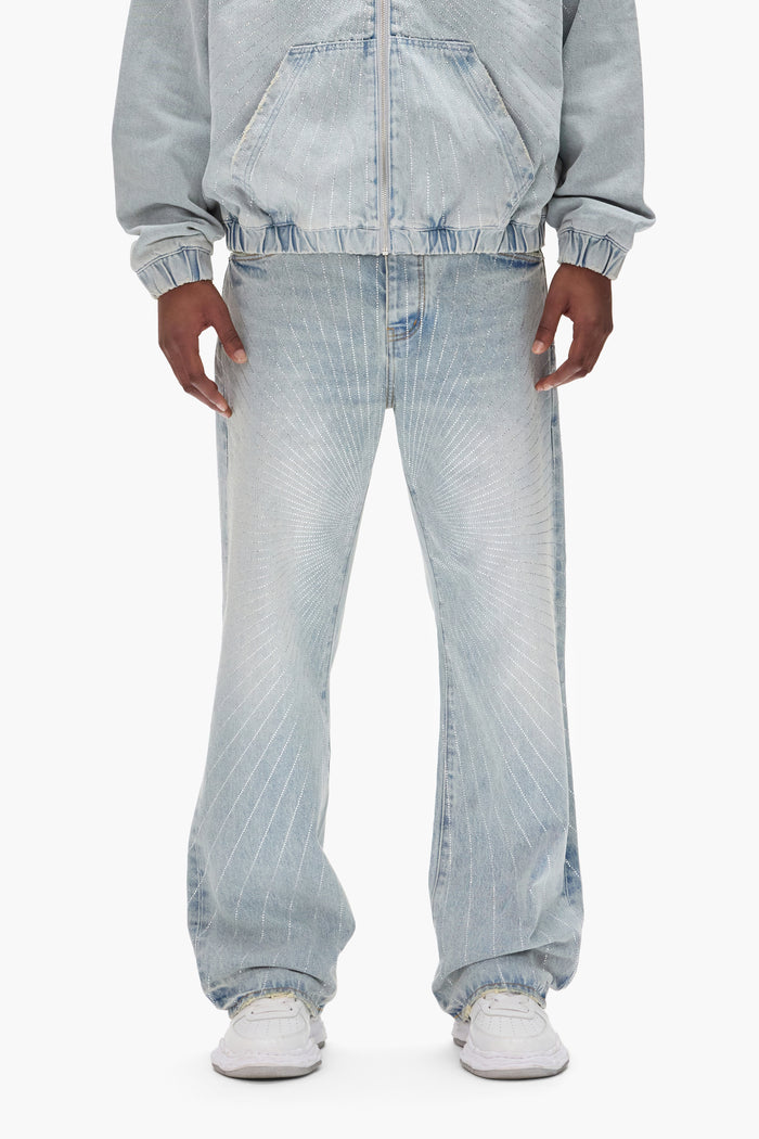 P018 Radial Hotfix baggy fit premium stretch denim with hotfix crystals, available in various sizes.
