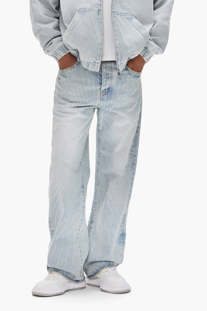 P018 Radial Hotfix baggy fit premium stretch denim with hotfix crystals and signature details.