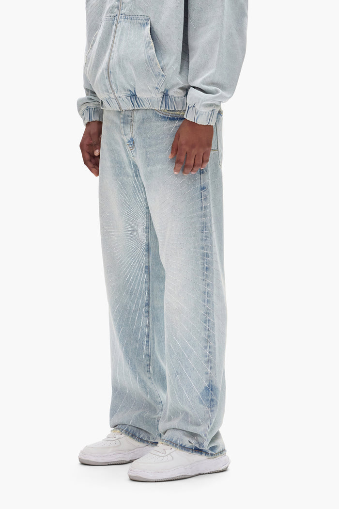 P018 Radial Hotfix baggy fit denim with hotfix crystals and 5 pocket styling