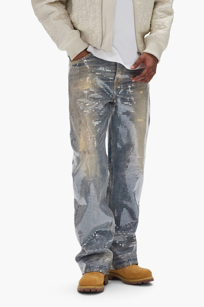 White Label P018 Sequin baggy fit denim jeans with hotfix sequins, sizes 28-40.