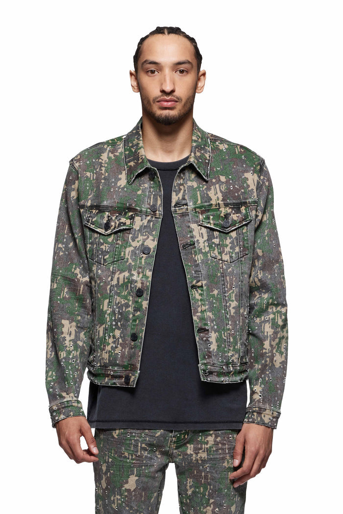 P024 Militaire Buckshot Trucker Jacket in camo printed denim with buckshot holes and adjustable back tabs.