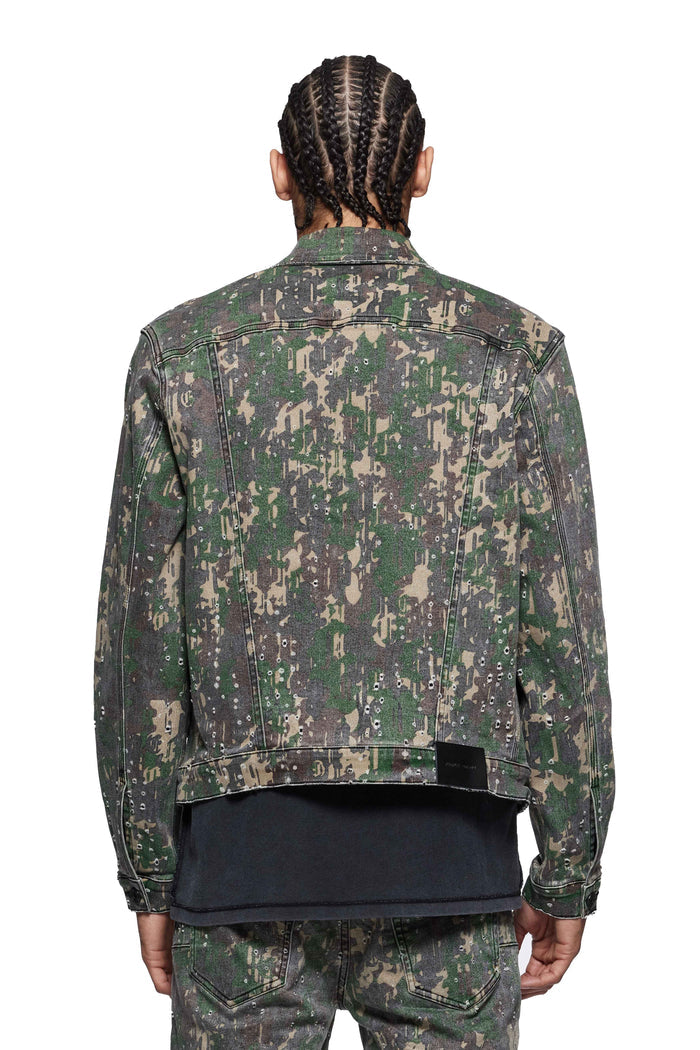 P024 Militaire Buckshot Trucker Jacket in camo printed denim with buckshot holes and regular fit