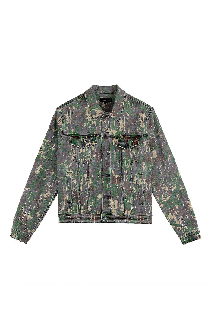 P024 Militaire Buckshot Trucker Jacket in camo printed denim with buckshot holes.